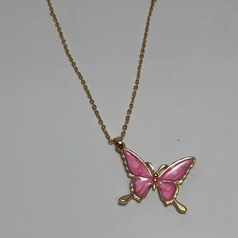 Pink Enamel Butterfly Gold Tone Pendant Necklace Y2K Whimsigoth Dainty Jewelry